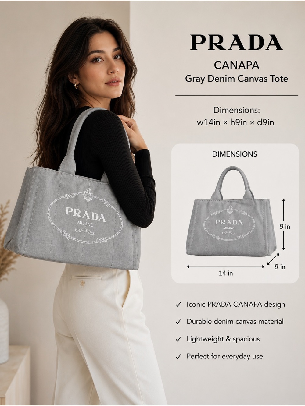 PRADA CANAPA Gray Denim Canvas Tote shoulder Bag w14in x h9in x d9in